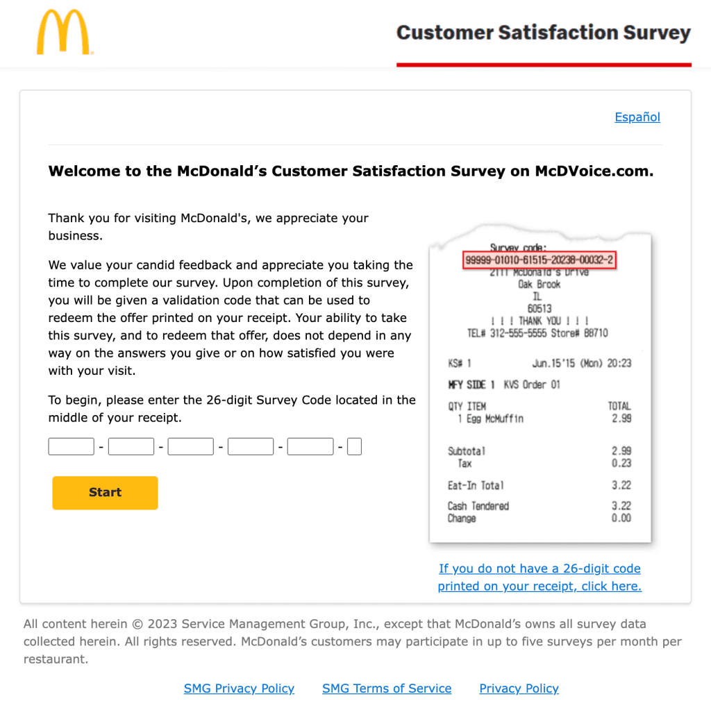 participate in McDonald’s customer feedback survey at mcdvoice.com