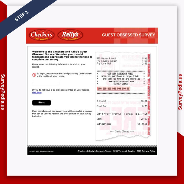 Step 1: Open Checkers and Rally’s Guest-Obsessed survey website, guestobsessed.com, and hit enter after filling in your 20-digit survey code, which is printed on the purchase receipt as shown in the image.